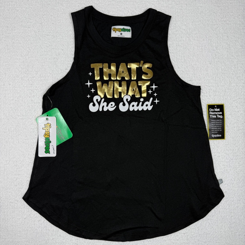 Tipsy Elves That's What She Said Tank Top T-Shirt Black Gold Funny Party Size S